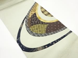 切り嵌め曲線にとんぼ・格子・草花模様織出し名古屋帯